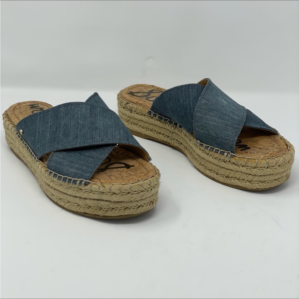 Sam Edelman | Natty Blue Chambray Platform Espadrille Slide Sandals